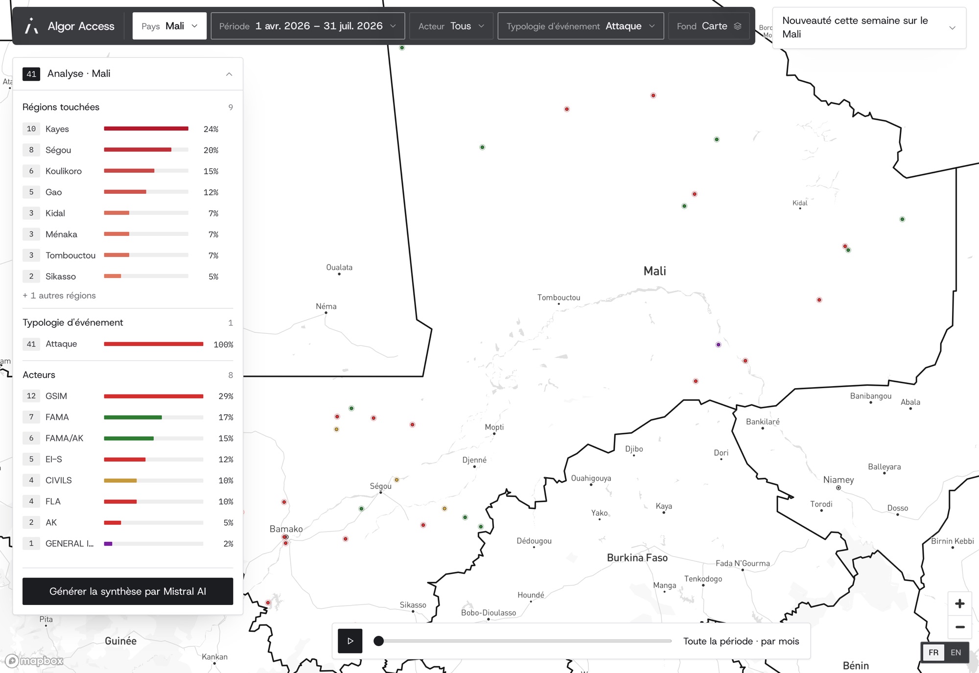 Carte du Mali filtrée sur les attaques : 41 événements (données fictives)