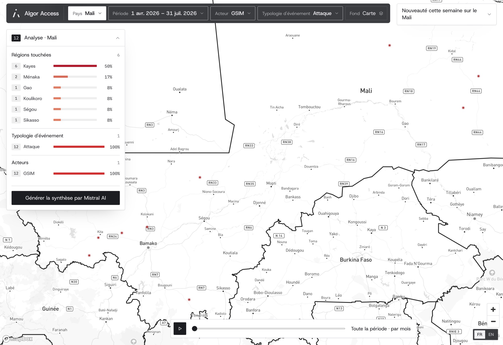 Carte du Mali filtrée sur les attaques du GSIM : 12 événements (données fictives)