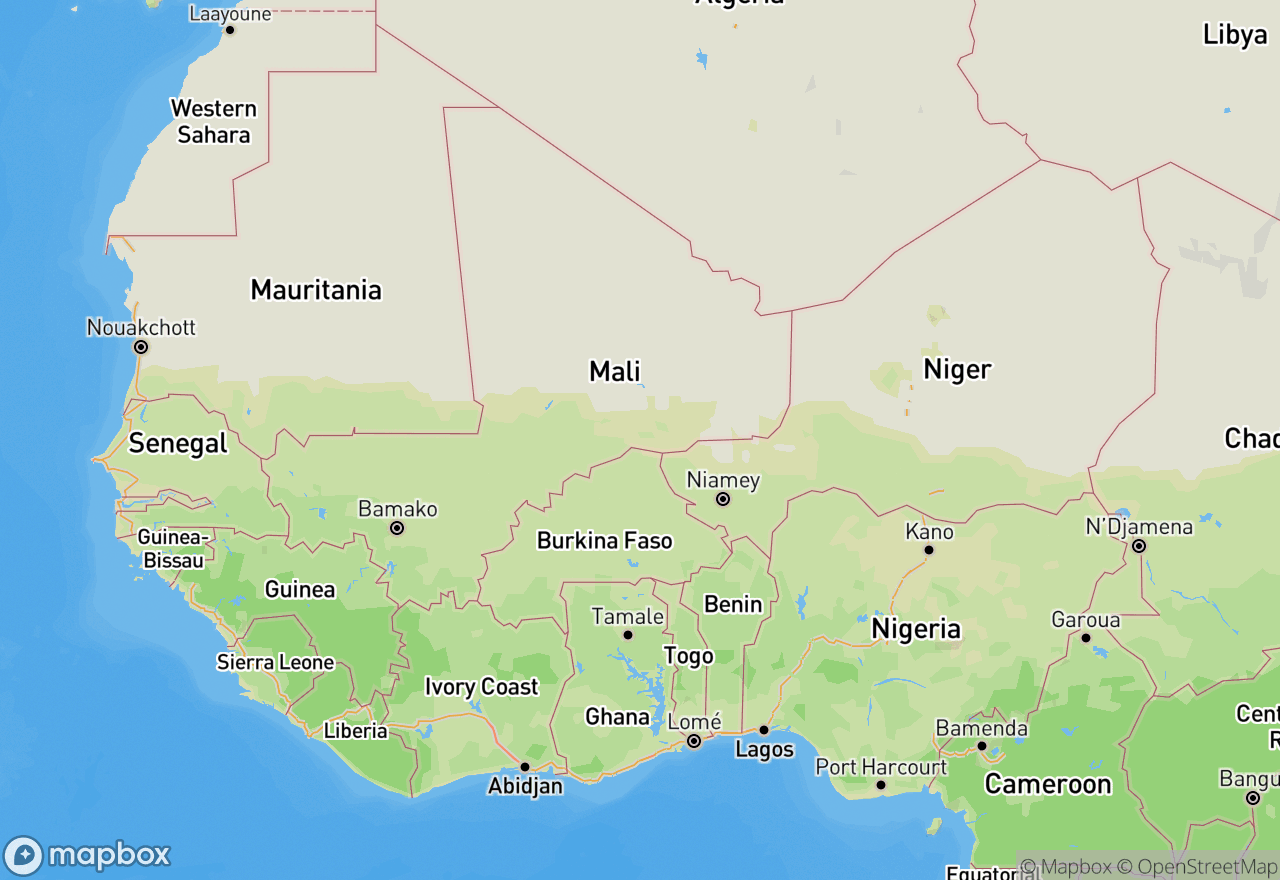 Extrait de carte du théâtre Sahel : Mali · Burkina Faso · Niger · Tchad · Mauritanie